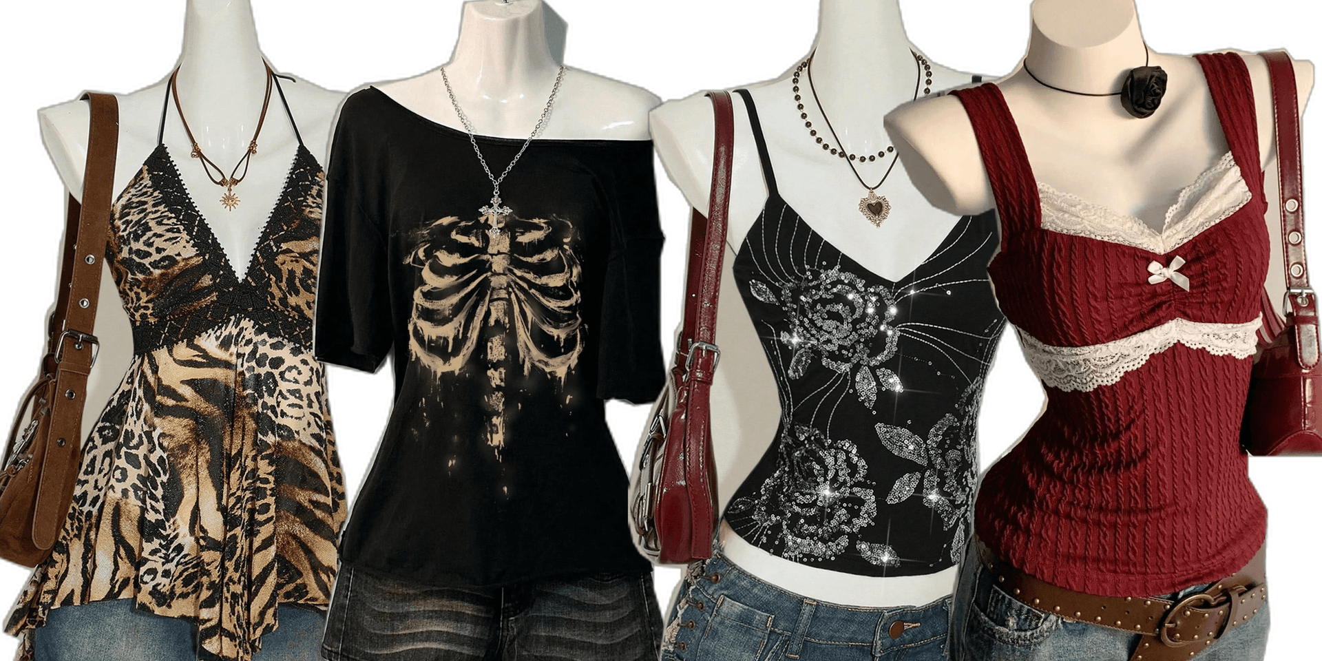 Editorial lookbook — Y2K, gothic, cottagecore outfits side by side